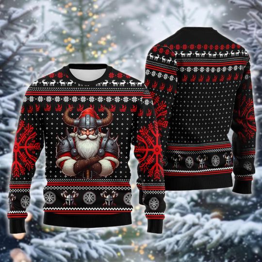Discover Viking Santa Ugly Christmas Sweater, Norse Warrior Jumper, Funny Beard Xmas Gift, Mythology Holiday Sweatshirt
