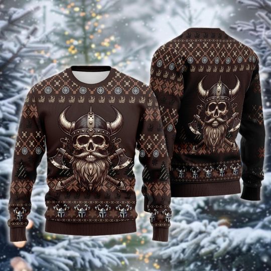 Viking Skull Ugly Christmas Sweater, Norse Warrior Jumper, Skull Axe Xmas Gift, Mythology Holiday Sweatshirt