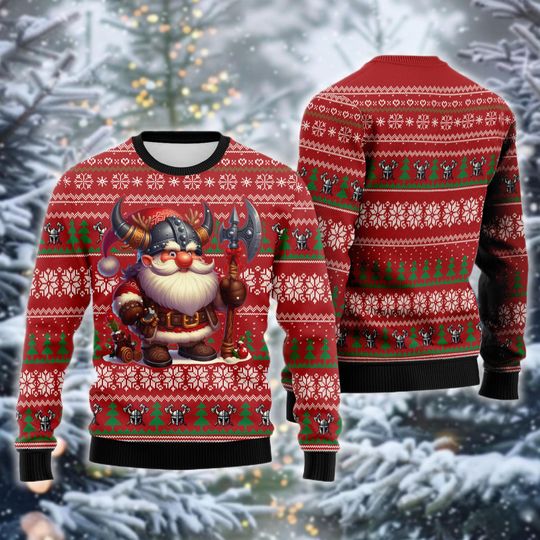 Discover Cute Viking Santa Ugly Christmas Sweater, Funny Norse Warrior Holiday Shirt, Viking Axe Xmas Jumper, Party Gift for Him
