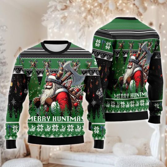 Discover Viking Santa Claus Christmas Sweater, Funny Hunter Holiday Sweatshirt, Norse Mythology Xmas Gift for Dad, Ugly Christmas Crewneck