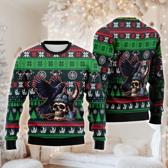 Viking Skull Raven Ugly Christmas Sweater, Norse Mythology Xmas Gift, Heavy Metal Holiday Sweatshirt for Him, Skull Crewneck