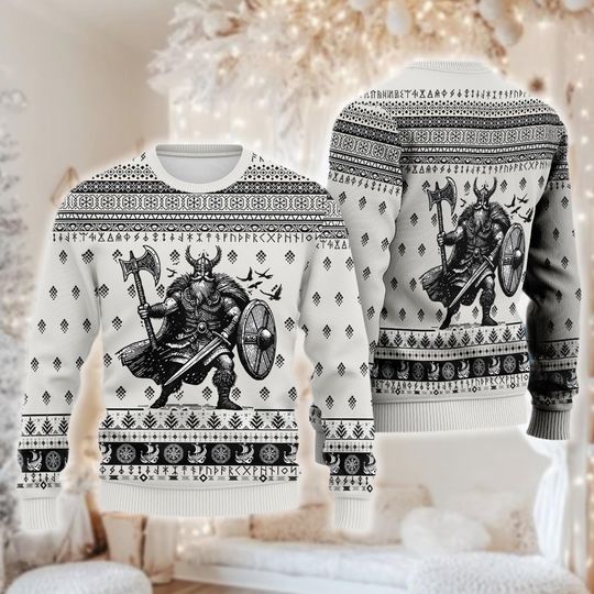 Viking Warrior Ugly Christmas Sweater, Black White Norse Mythology Sweatshirt, Nordic Xmas Gift for Him, Viking Runes Crewneck