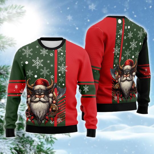 Viking Santa Ugly Christmas Sweater, Norse Mythology Holiday Sweatshirt for Him, Nordic Crewneck