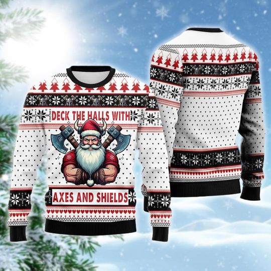Discover Viking Santa Ugly Christmas Sweater, Funny Axes Shields Xmas Gift, Deck the Halls Holiday Sweatshirt, Norse Mythology Crewneck
