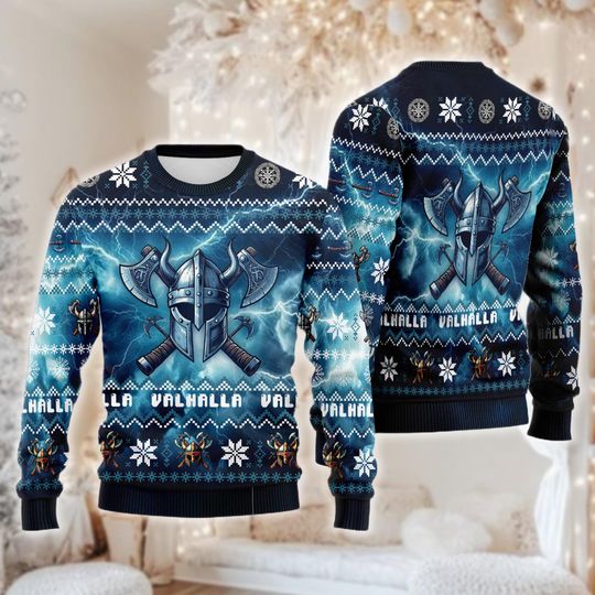 Viking Helmet Axes Ugly Christmas Sweater, Valhalla Norse Mythology Xmas Gift, Blue Lightning Holiday Sweatshirt