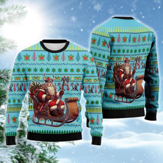 Viking Santa Sleigh Ugly Christmas Sweater, Blue Norse God Xmas Gift, Funny Axes Holiday Sweatshirt, Nordic Myth Crewneck