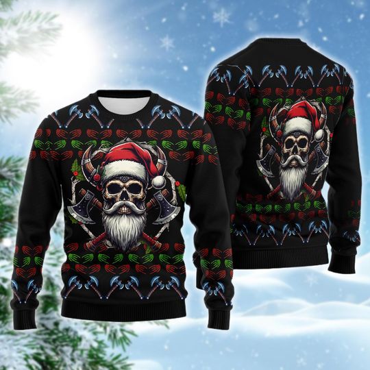 Discover Santa Skull Ugly Christmas Sweater, Gothic Axes Xmas Gift, Heavy Metal Holiday Sweatshirt, Black Beard Skull Crewneck