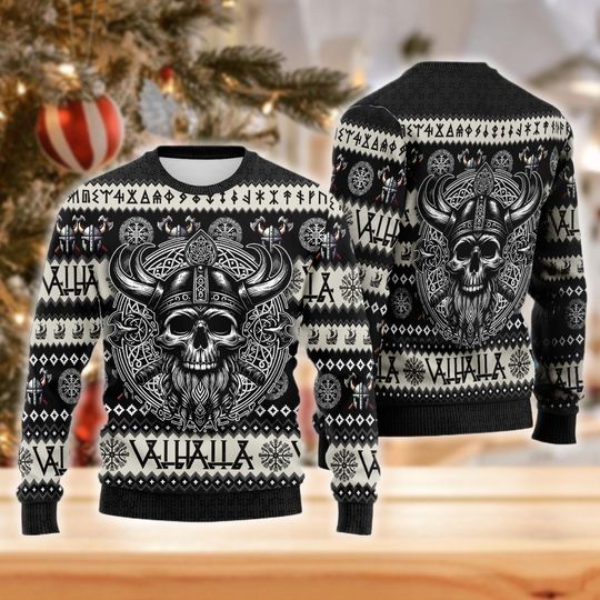Viking Skull Valhalla Ugly Christmas Sweater, Black White Norse Mythology Xmas Gift, Heavy Metal Holiday Sweatshirt
