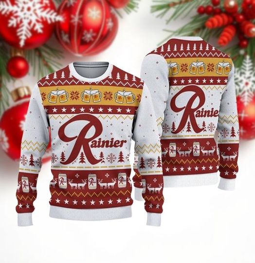 Discover Rainier Beer Ugly Christmas Sweater, Funny Holiday Knit Jumper for Beer Lovers, Red and White Winter Sweatshirt,Christmas Party Gift for Him