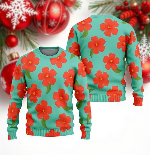 Discover Demoncore Floral Ugly Christmas Sweater, Red Blossom Pattern Holiday Pullover, K-style Fantasy Streetwear Unisex Gift