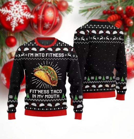 Discover Funny Taco Ugly Christmas Sweater  Fitness Taco In My Mouth Holiday Pullover | Foodie Novelty Xmas Party Outfit
