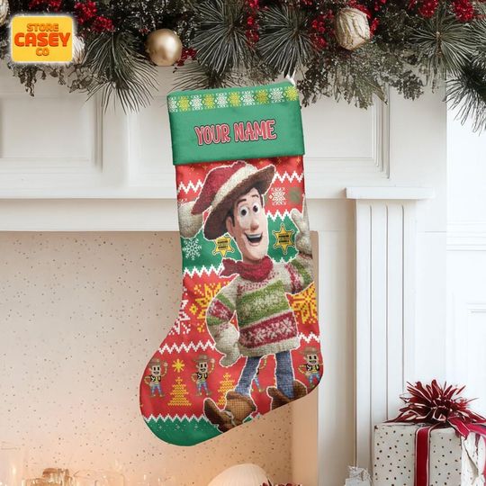 Discover Custom Christmas Stocking Woody Ugly Pattern, Personalized Name Holiday Decor for Family, Soft Velboa Fabric Gift Bag, Toy Story Stocking