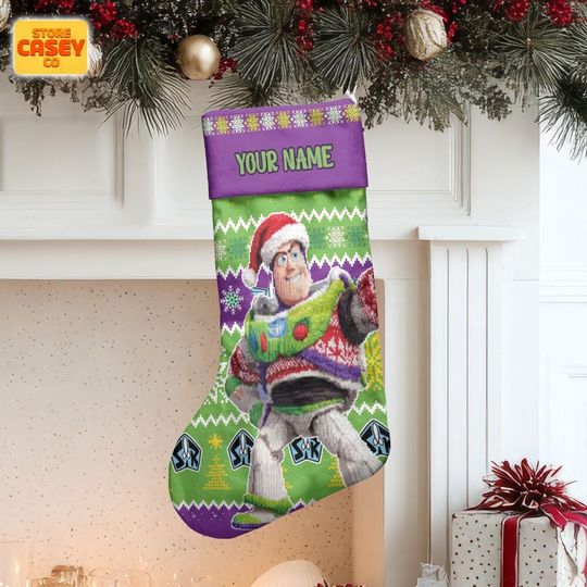 Custom Christmas Stocking Buzz Lightyear Pattern, Personalized Name Holiday Decor for Family, Soft Velboa Fabric Gift Bag,Toy Story Stocking