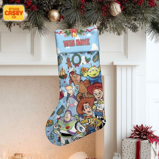 Discover Custom Christmas Stocking Toy Story Pattern, Personalized Name Holiday Decor for Family, Soft Velboa Fabric Gift Bag, Toy Story Stocking