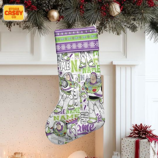 Custom Christmas Stocking Buzz Lightyear, Personalized Name Holiday Decor for Family, Soft Velboa Fabric Gift Bag, Toy Story Stocking