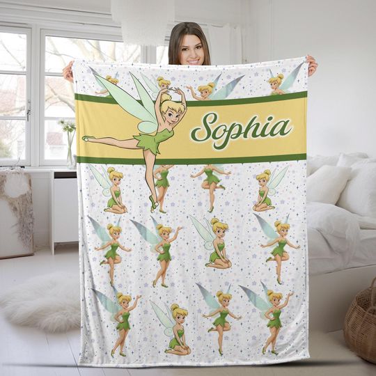 Discover Personalized Name Disney Tinker Bell Blanket, Magic Kingdom Fleece Mink Sherpa Blanket, Personalized Name Blanket, Gift For Fans AXJG24
