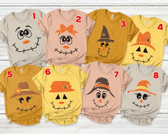 Discover Thanksgiving Cosplay Scarecrow Face Family Shirts, Halloween Group Shirts, Funny Halloween Spooky Vibes Fall Season Shirt