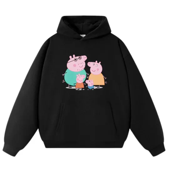 Discover Unisex Family Pig Family Cartoon Hoodie - Black & Gray Casual Sweatshirts