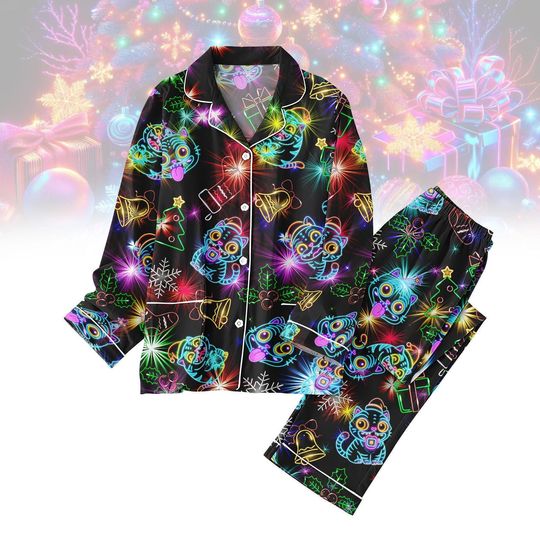 Discover Neon DerPy Tiger Christmas Pajamas Set, Neon Glow Holiday Sleepwear, Funny Cat Xmas Pajamas for Women Kids, Christmas Pjs