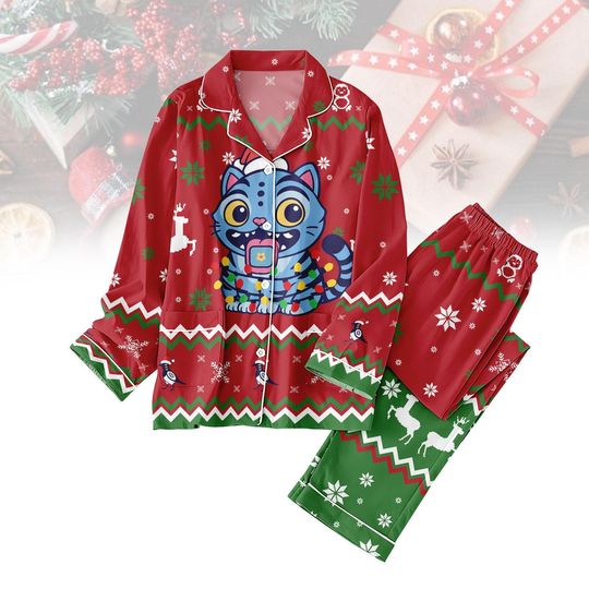 Derpy Tiger Red Christmas Pajamas Set, Cute Tiger Holiday Sleepwear, Funny Festive PJs for Family, Xmas Blue Tiger Pjs, Christmas Party