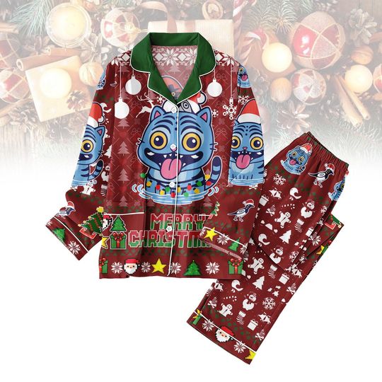 Tiger Merry Christmas Pajamas Set, Derpy Tiger Kpop Christmas Sleepwear, Kpop Christmas Kid Pjs, Tiger Christmas Gift, Holiday Pjs