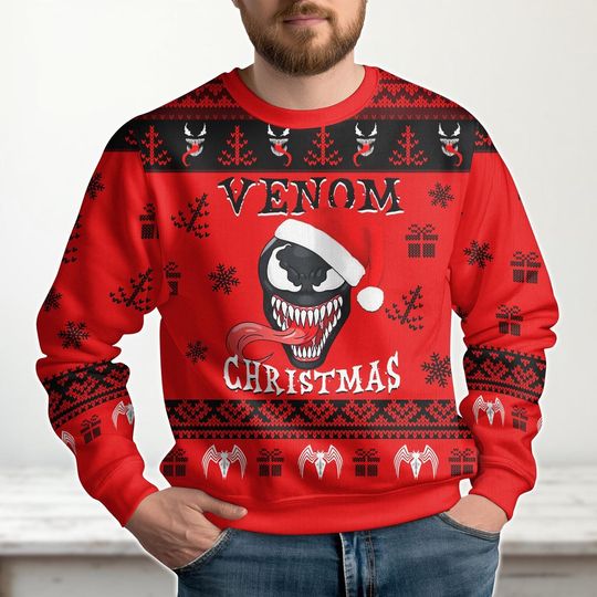 Venom Christmas Ugly Sweater, Superhero Holiday Sweater, Funny Comic Xmas Gift for Men Women, Xmas Movie Sweater, Christmas Party Gift