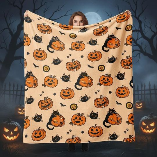 Discover Halloween Black Cat Pumpkin Blanket  Cozy Fall Throw, Spooky Season Home Decor, Cute Cat Lover Gift, Soft Plush Couch Blanket
