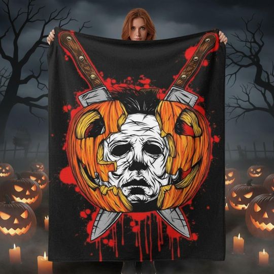 Halloween Horror Blanket, Michael Myers Pumpkin Fleece Blanket, Spooky Movie Blanket