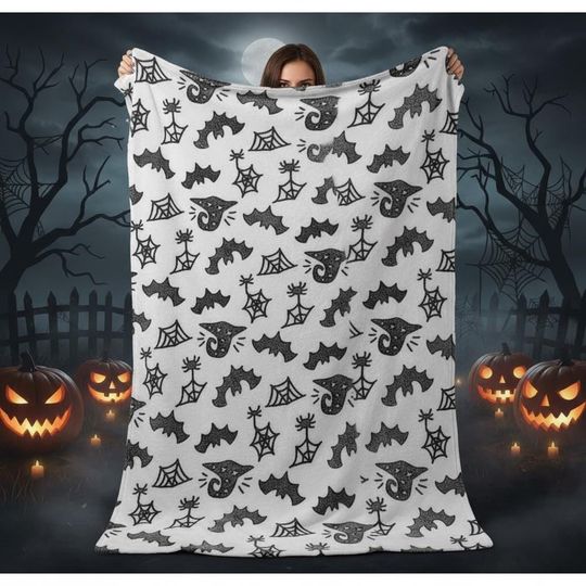 Halloween Bats and Spiderweb Blanket, Black and White Spooky Fleece Blanket