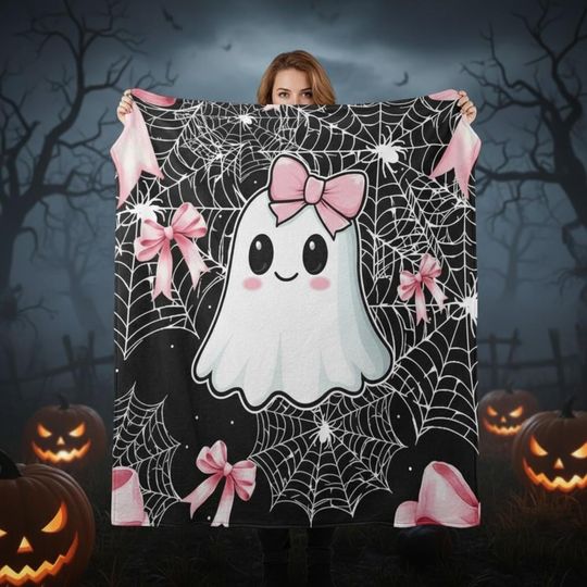 Discover Cute Ghost Halloween Blanket, Pink Bow Ghost Throw Blanket, Halloween Decor, Cozy Spooky Blanket for Girls, Soft Halloween Gift for Her