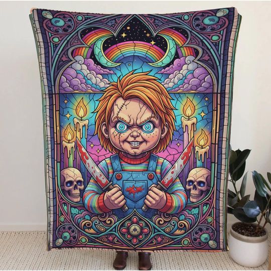 Chucky Horror Blanket  Creepy Killer Doll Throw, Gothic Scary Movie Blanket