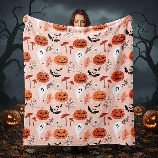 Discover Halloween Pumpkin Ghost Blanket, Cute Spooky Throw, Fall Halloween Decor Blanket, Cozy Jack O Lantern Blanket, Ghost Bat Print Throw