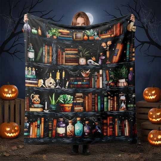 Discover Witchy Bookshelf Blanket, Spooky Book Lover Throw, Halloween Witch Decor, Cozy Gothic Blanket, Potion Bookshelf Throw for Fall