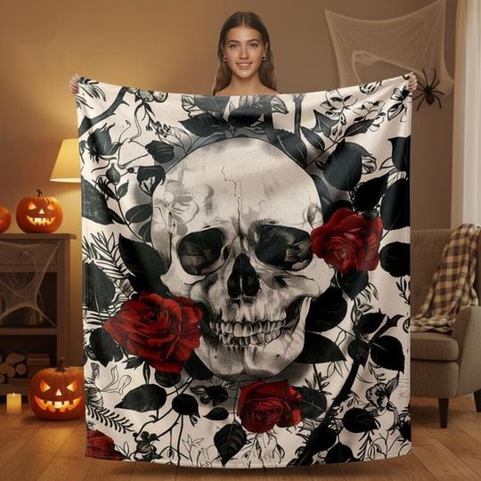 Rose Floral Skull Woven Fleece Blanket, Gothic Cotton Skeleton Tapestry