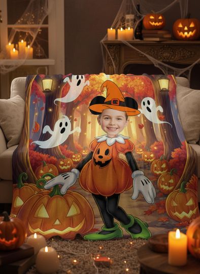 Discover Custom Face Halloween Blanket, Personalized Kids Halloween Gift, Pumpkin Ghost Throw, Funny Photo Blanket, Spooky Costume Blanket
