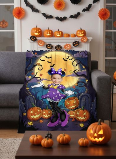 Discover Custom Face Halloween Blanket, Personalized Kids Halloween Gift, Pumpkin Ghost Throw, Funny Photo Blanket, Spooky Costume Blanket