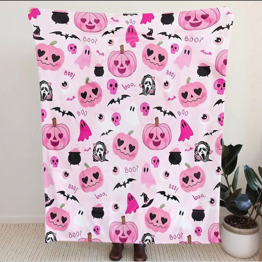 Discover Pink Halloween Blanket, Cute Ghost Pumpkin Throw, Kawaii Spooky Blanket, Pastel Goth Home Decor, Cozy Fall Blanket, Halloween Gift