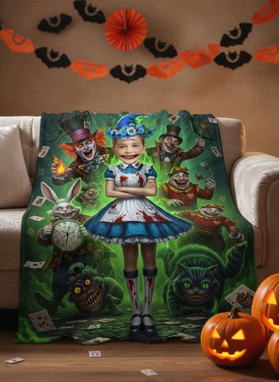 Discover Personalized Halloween Blanket, Custom Face Alice in Wonderland Horror Throw, Creepy Gothic Wonderland Blanket, Spooky Scary Gift