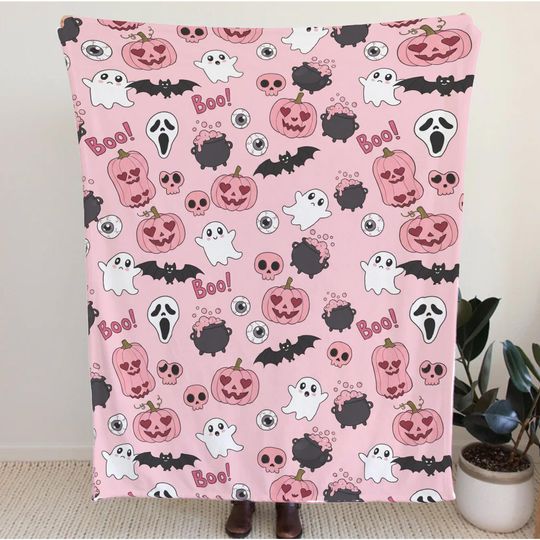 Discover Kawaii Halloween Blanket, Pink Ghost Pumpkin Throw Blanket, Cute Spooky Boo Blanket, Pastel Goth Halloween Decor
