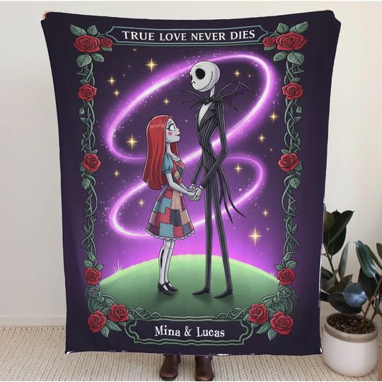 Discover True Love Never Dies Blanket, Gothic Couple Personalized Blanket, Romantic Horror Love Gift, Custom Name Blanket for Anniversary, Halloween
