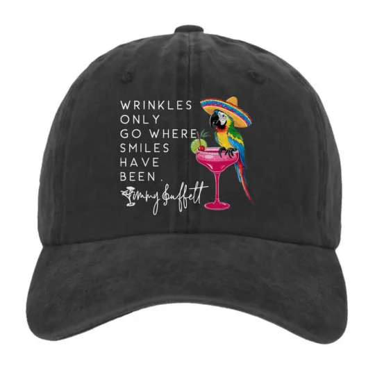 Jimmy Buffett Wrinkles Smiles Parrot Margarita DTF Graphic Printed Hat Cap