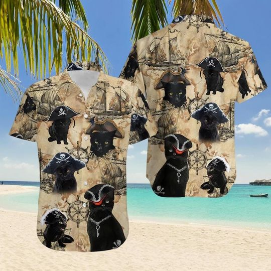 Discover Pirate Cat Hawaiian Shirt, Black Cat Aloha Button Shirt, Funny Pirate Vacation Shirt for Cat Lovers, Gift For Love Cat