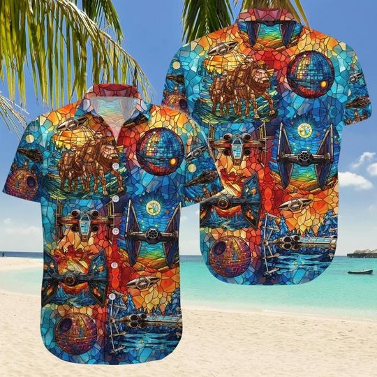 Discover Star Wars Stained Glass Hawaiian Shirt, Galaxy Vacation Shirt, Sci-Fi Aloha Summer Shirt for Fans, Star Wars Button Shirt