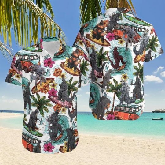 Discover god zilla Surfing Tropical Hawaiian Shirt, Summer Beach Vacation Shirt, Funny Monster Gift for god zilla Fans