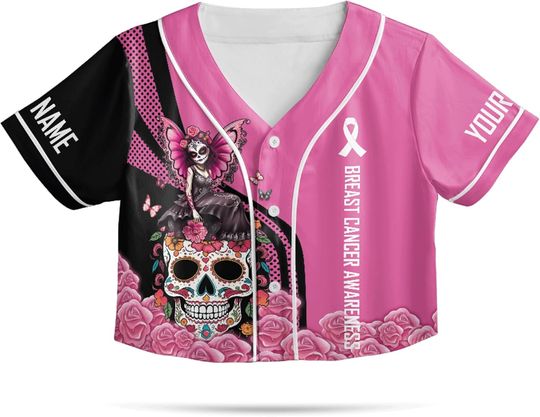 Discover ThuhaTree Store Personalized Breast Cancer Skull Crop Top Baseball Jersey