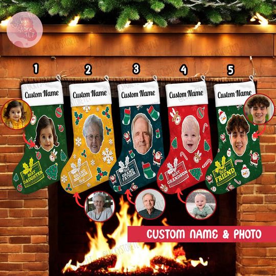 Discover Custom Christmas Stocking with Funny Photo, Holiday Gift for Baby Dad Mom Nana Grandpa Bestie, Stocking For Family