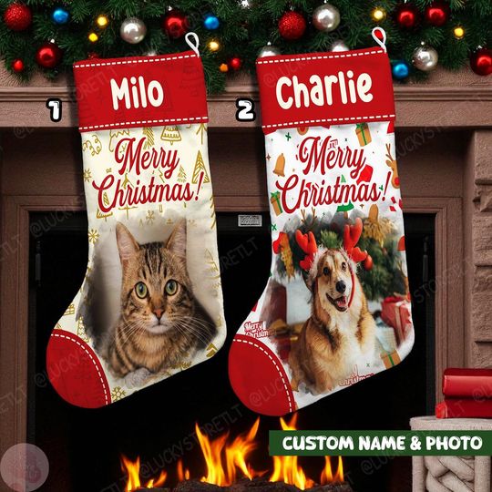 Discover Custom Photo Pet Christmas Stocking, Holiday Stocking for Dog Cat, Puppy Kittens Stocking for Dog Cat Lover, Funny Xmas Decor