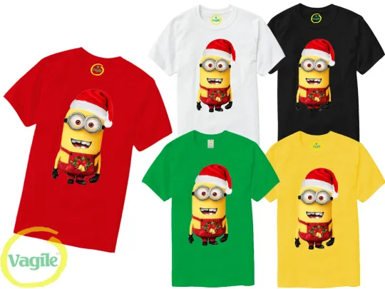 Discover Women Men Kids Minions Santa Claus Christmas T-Shirt Top Unisex Crew Neck Top