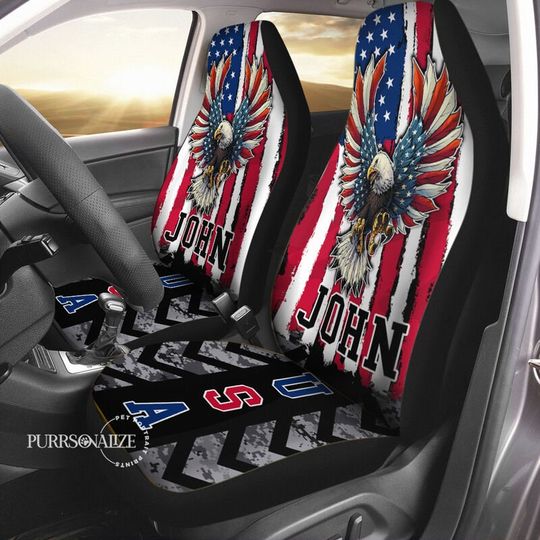 Discover Custom Name July 4th Car Seat Cover, Custom Eagle USA Flag Car Seat Cover, Independence Day Celebration, Set of 2 Car Accessories