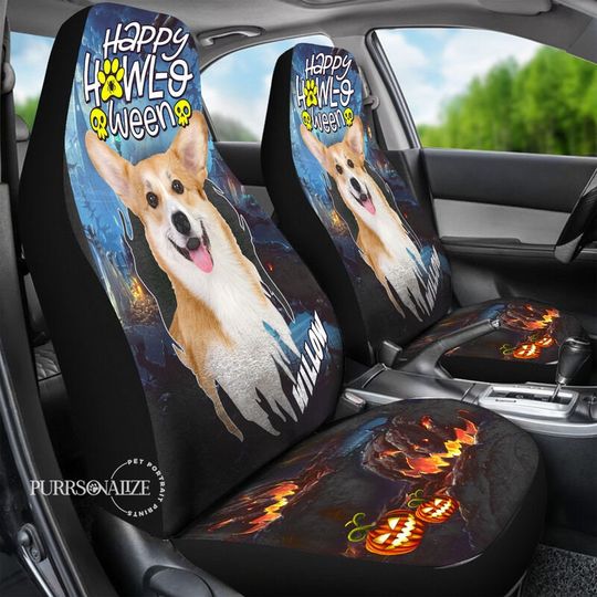 Discover Custom Photo & Name Halloween Pet Car Seat Cover, " Happy Howl-o-ween" Dog Cat Car Seat Cover, Pet Lovers' Gift, Set of 2